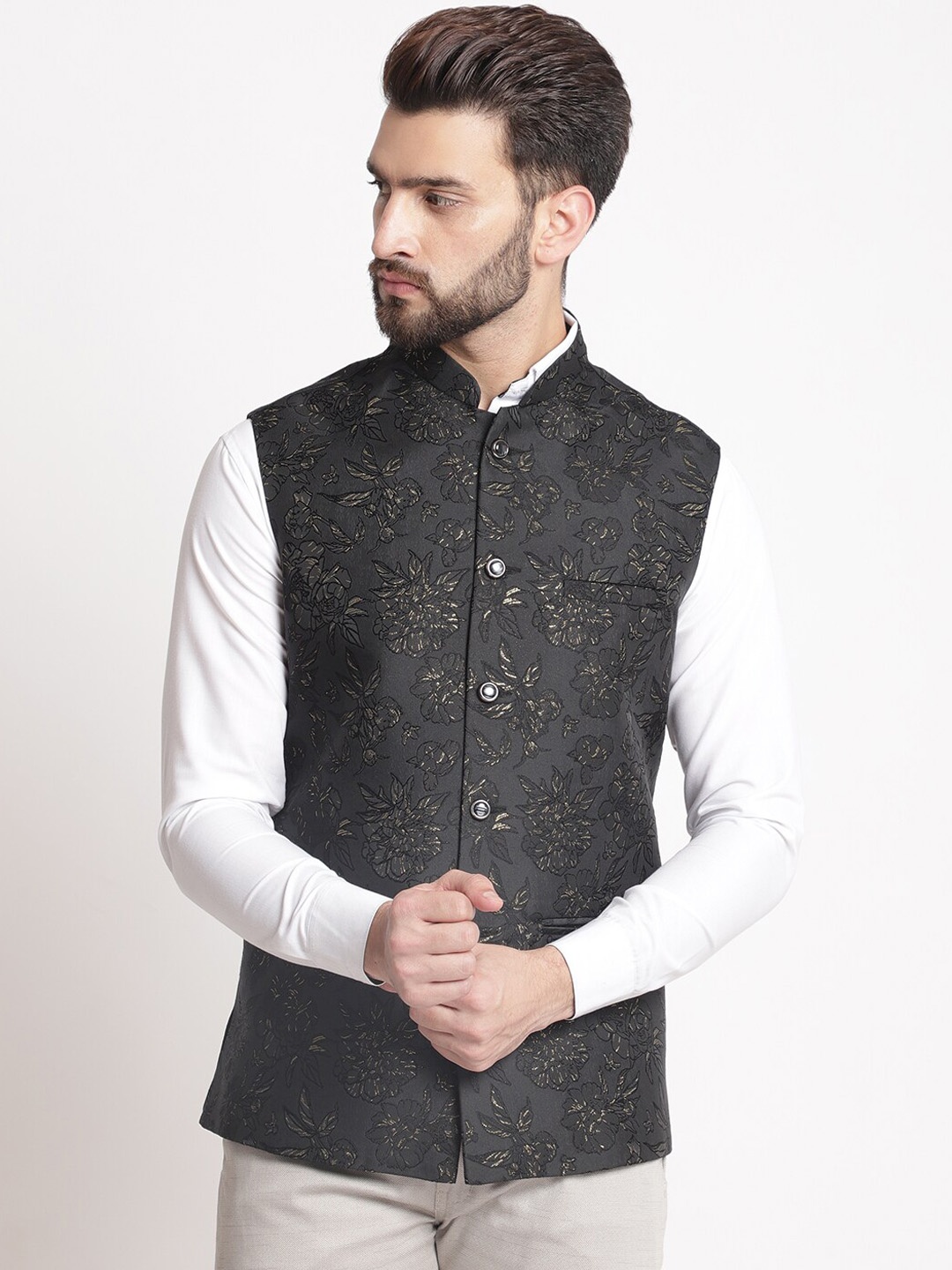 

TREEMODA Woven Design Nehru Jackets, Black
