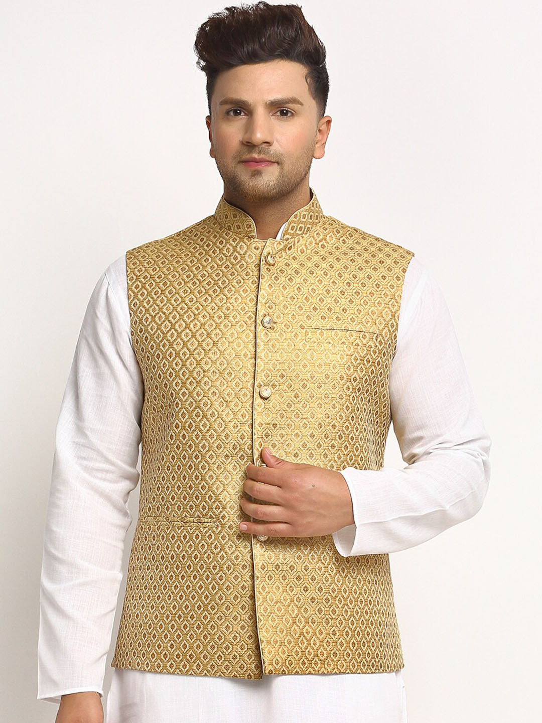 

TREEMODA Woven Design Nehru Jackets, Gold