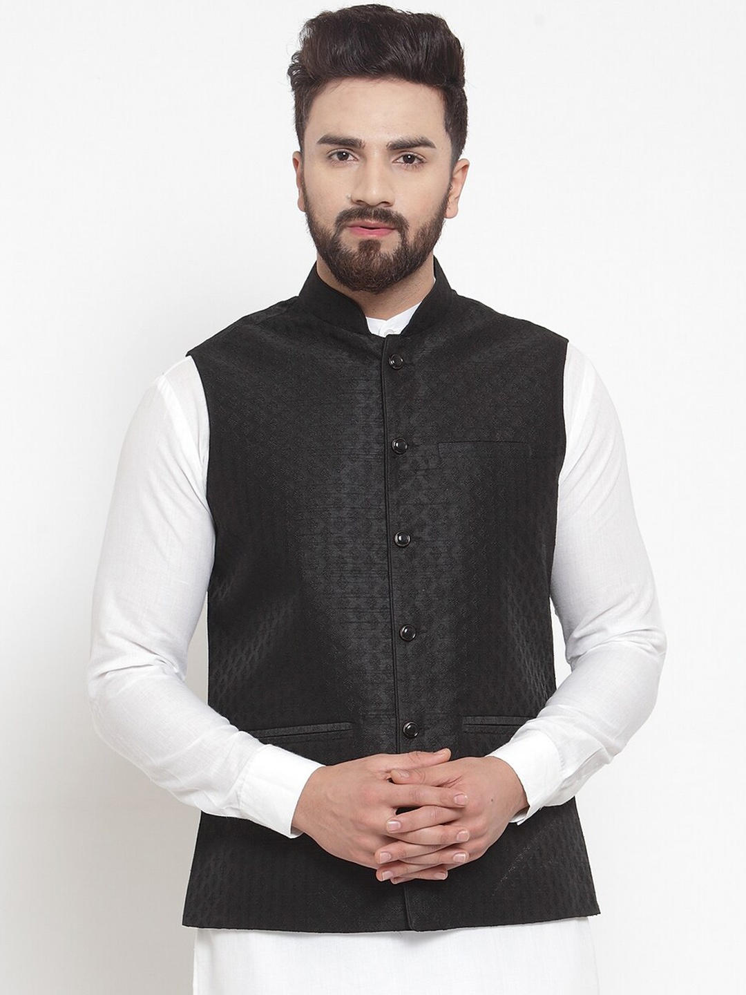 

TREEMODA Woven Design Nehru Jackets, Black