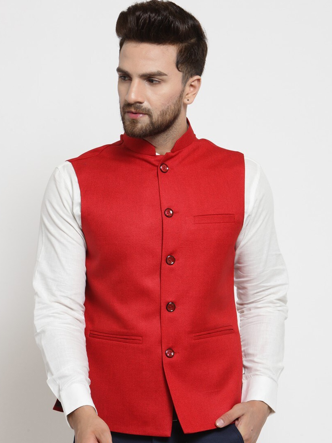 

TREEMODA Mandarin Collar Sleeveless Nehru Jackets, Red
