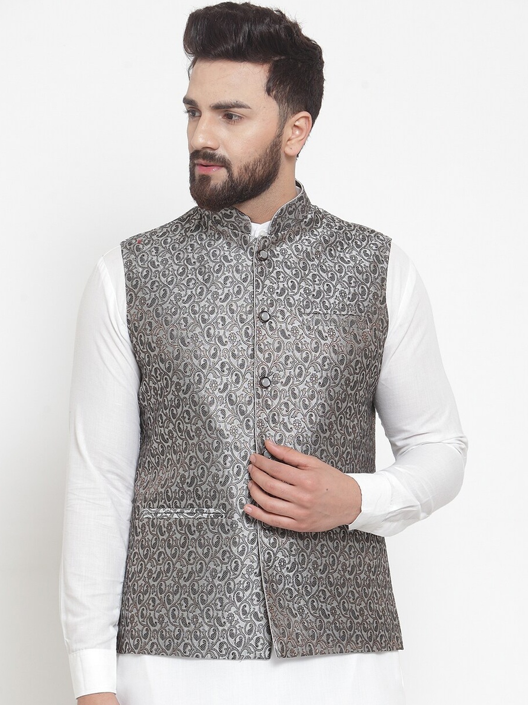 

TREEMODA Woven Design Nehru Jackets, Black