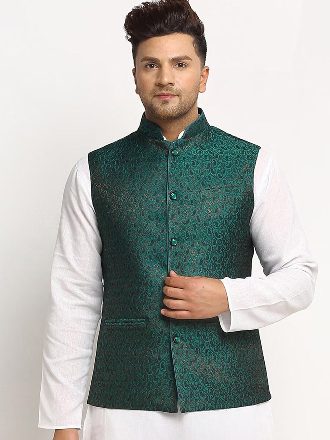 

TREEMODA Woven Design Nehru Jackets, Green