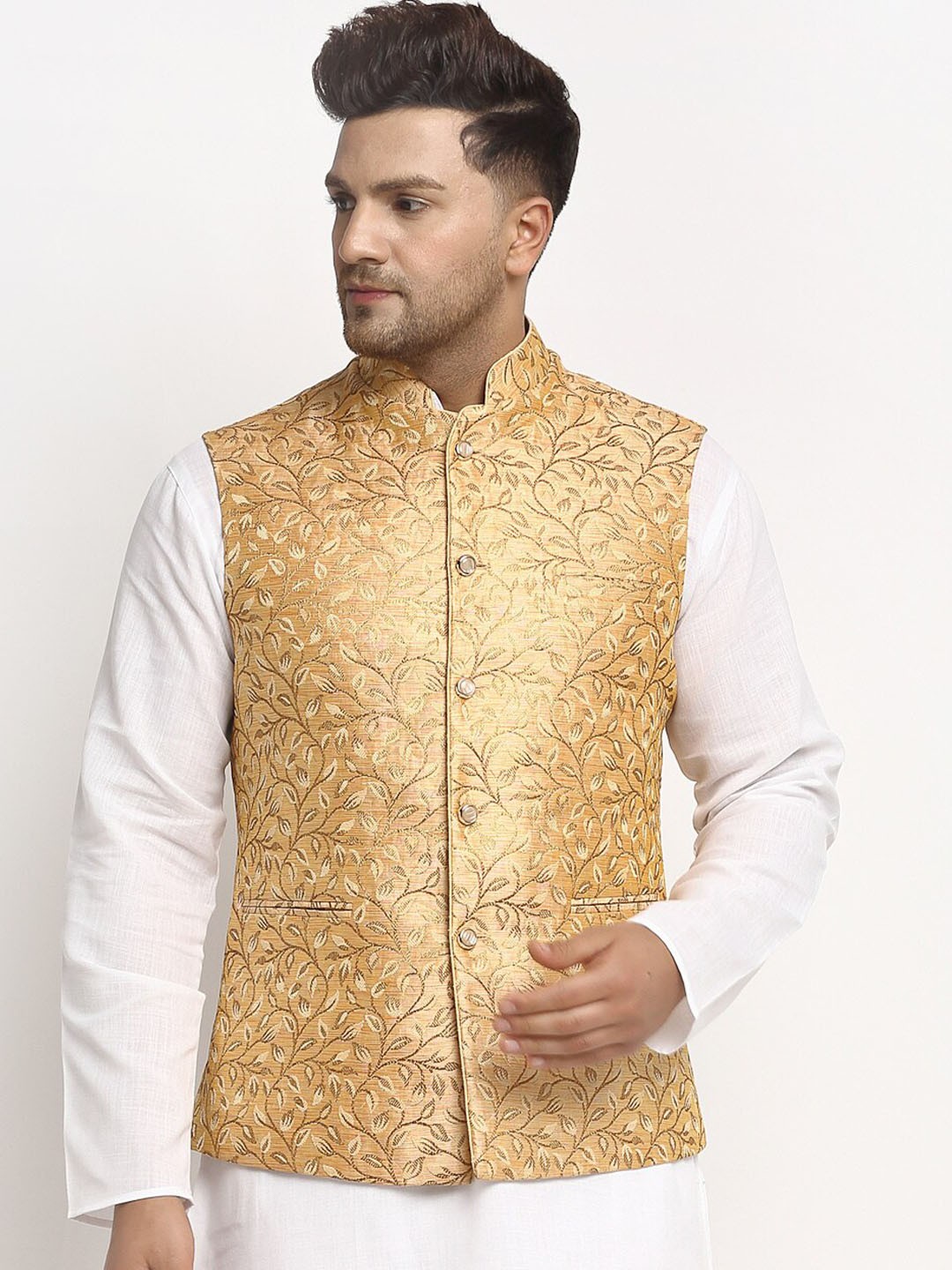 

TREEMODA Woven Design Nehru Jackets, Gold
