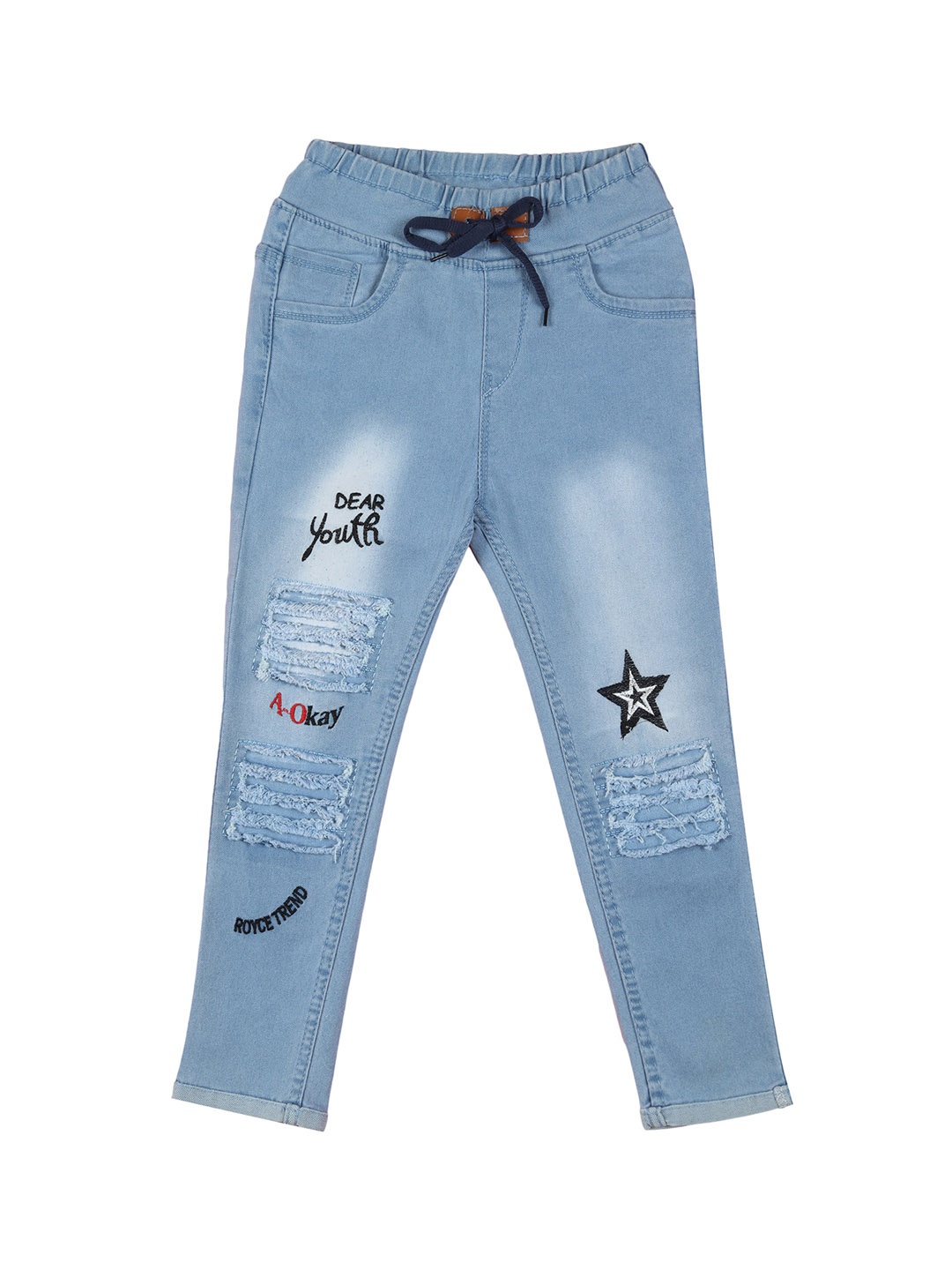 

A-Okay Girls Mid-Rise Jogger Fit Mildly Distressed Heavy Fade Embroidered Jeans, Blue