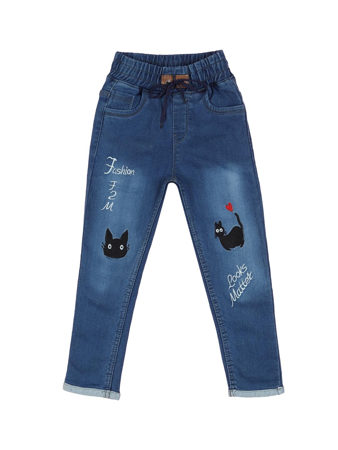 

A-Okay Girls Mid-Rise Jogger Fit Clean Look Light Fade Embroidered Jeans, Blue