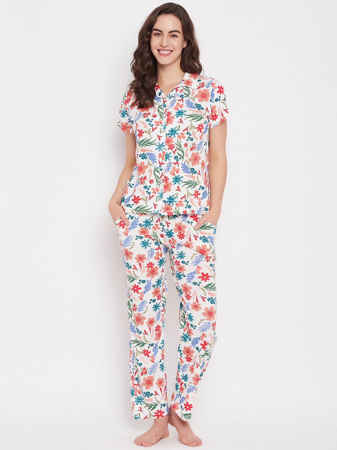 

Clovia White & Blue Floral Printed Shirt With Pyjamas