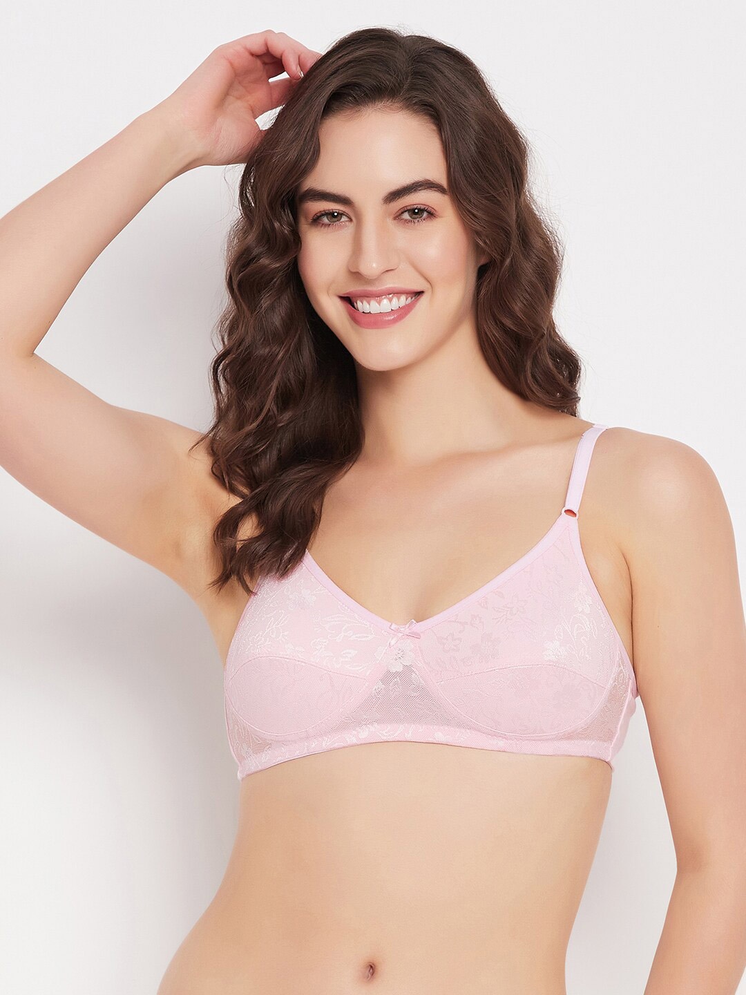 

Clovia Pink & White Floral Lace Full Coverage Bra All Day Comfort