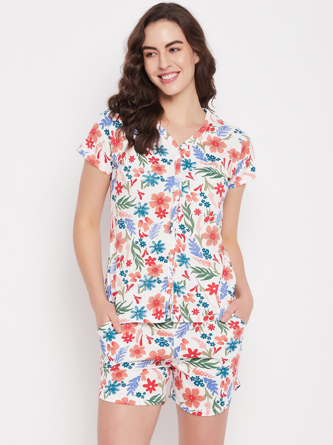 

Clovia White Floral Printed Shirt With Shorts