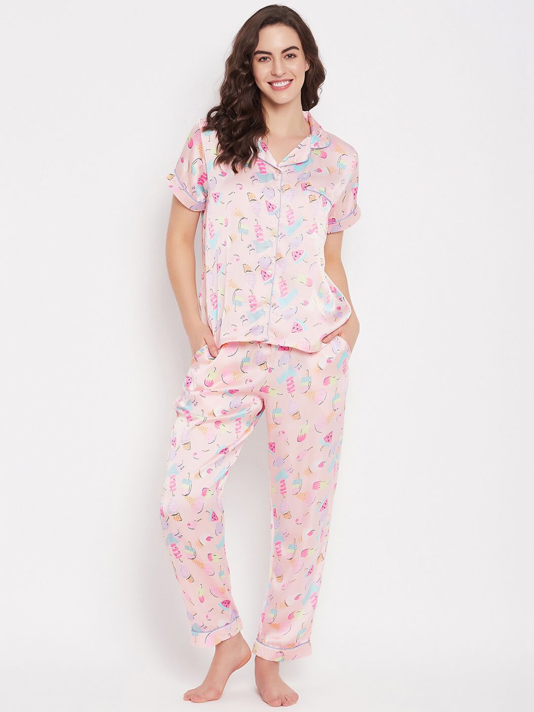 

Clovia Peach-Coloured Conversational Printed Shirt With Pyjamas