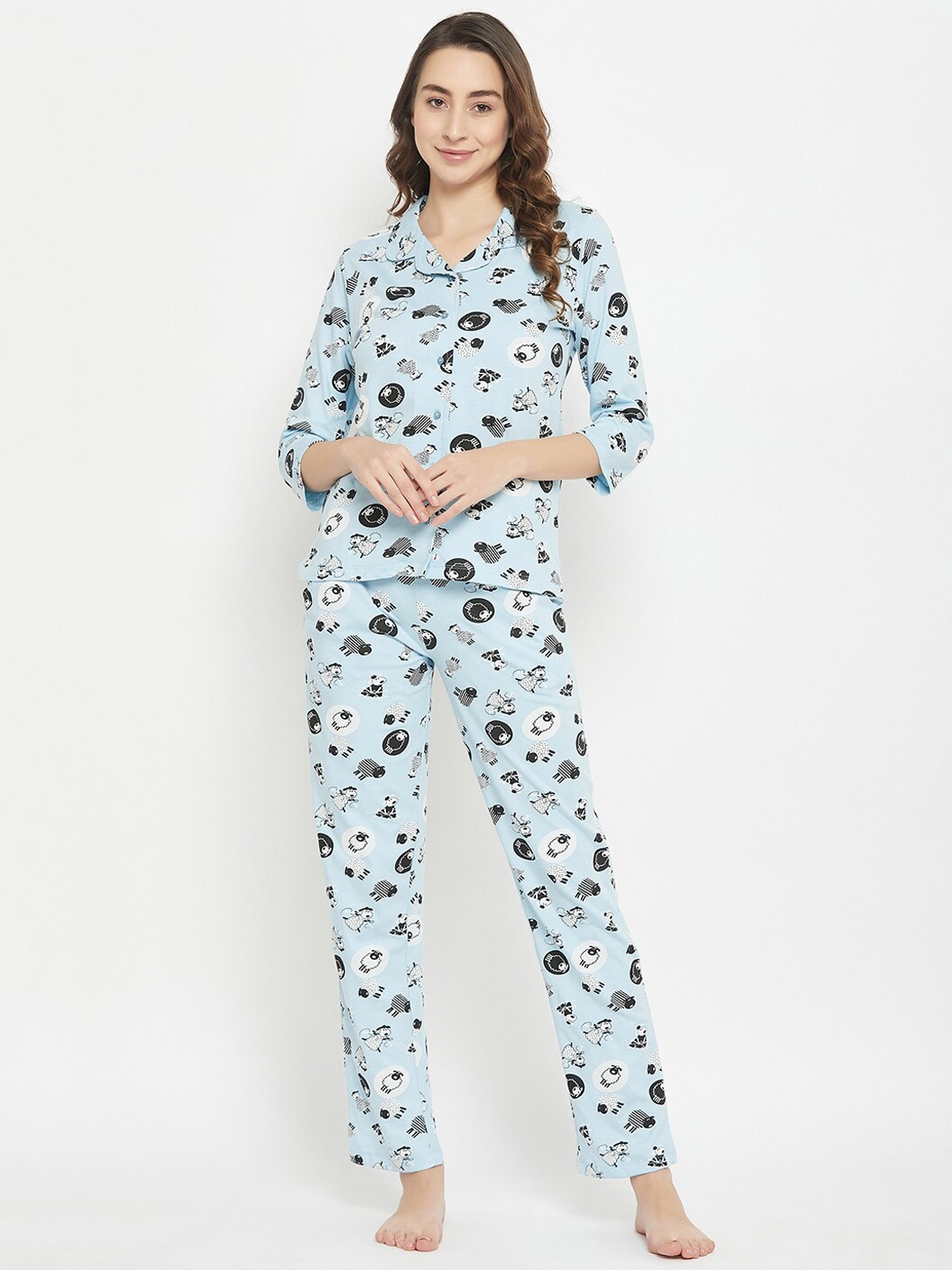 

Clovia Blue & Black Conversational Printed Shirt With Pyjamas