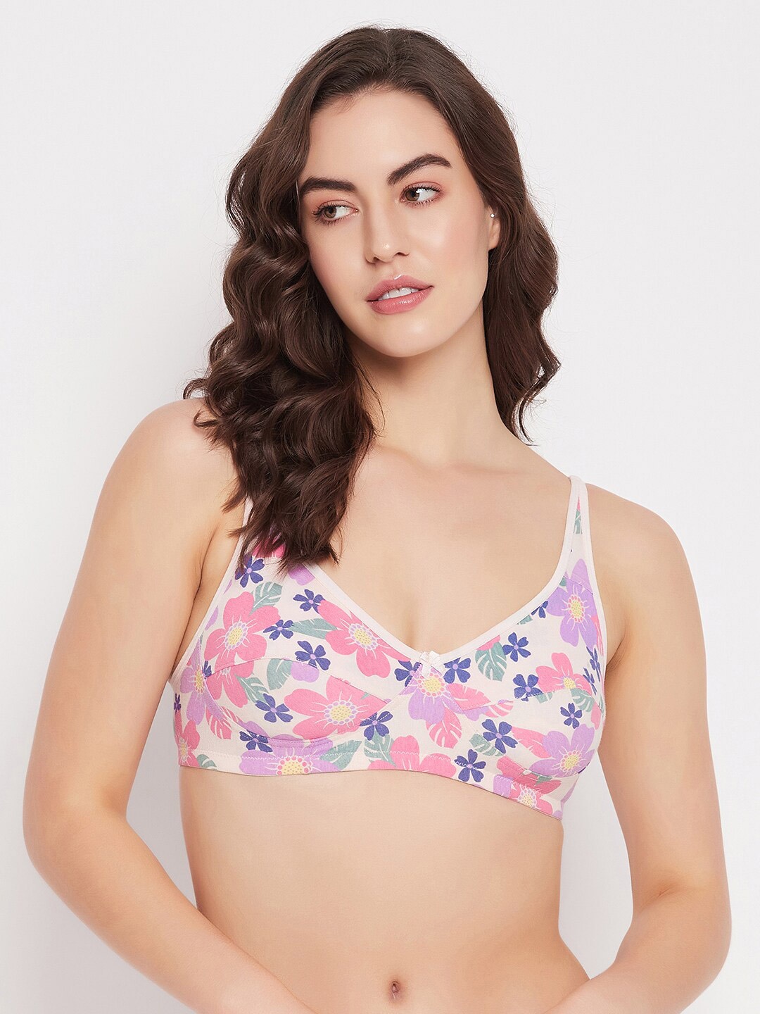 

Clovia Pink & White Floral Printed Cotton Full Coverage Bra All Day Comfort