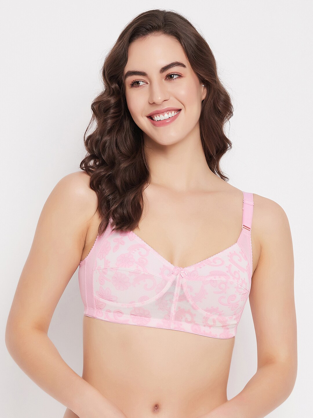 

Clovia Pink & White Floral Lace Full Coverage Bra All Day Comfort