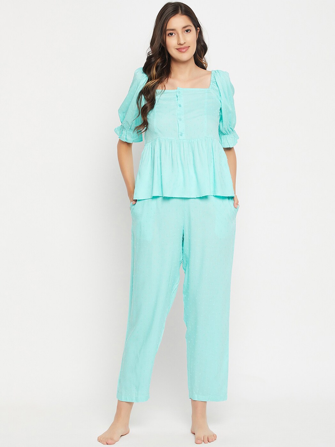 

Clovia Blue Self Design Square Neck Top With Pyjamas