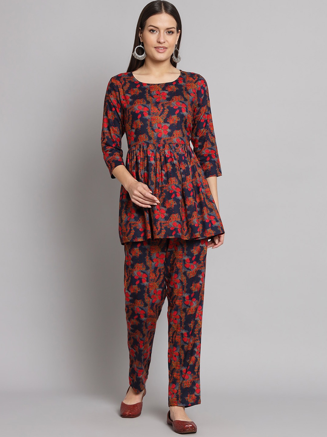

Vastralay Printed Pure Cotton Tunic & Trousers Co-Ord Set, Red