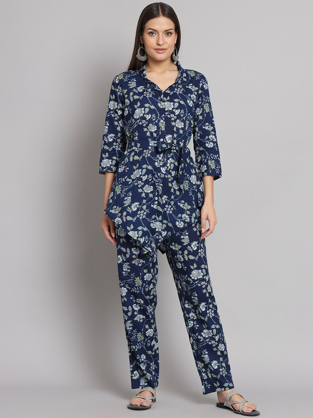 

Vastralay Floral Printed Pure Cotton Top & Trousers, Navy blue