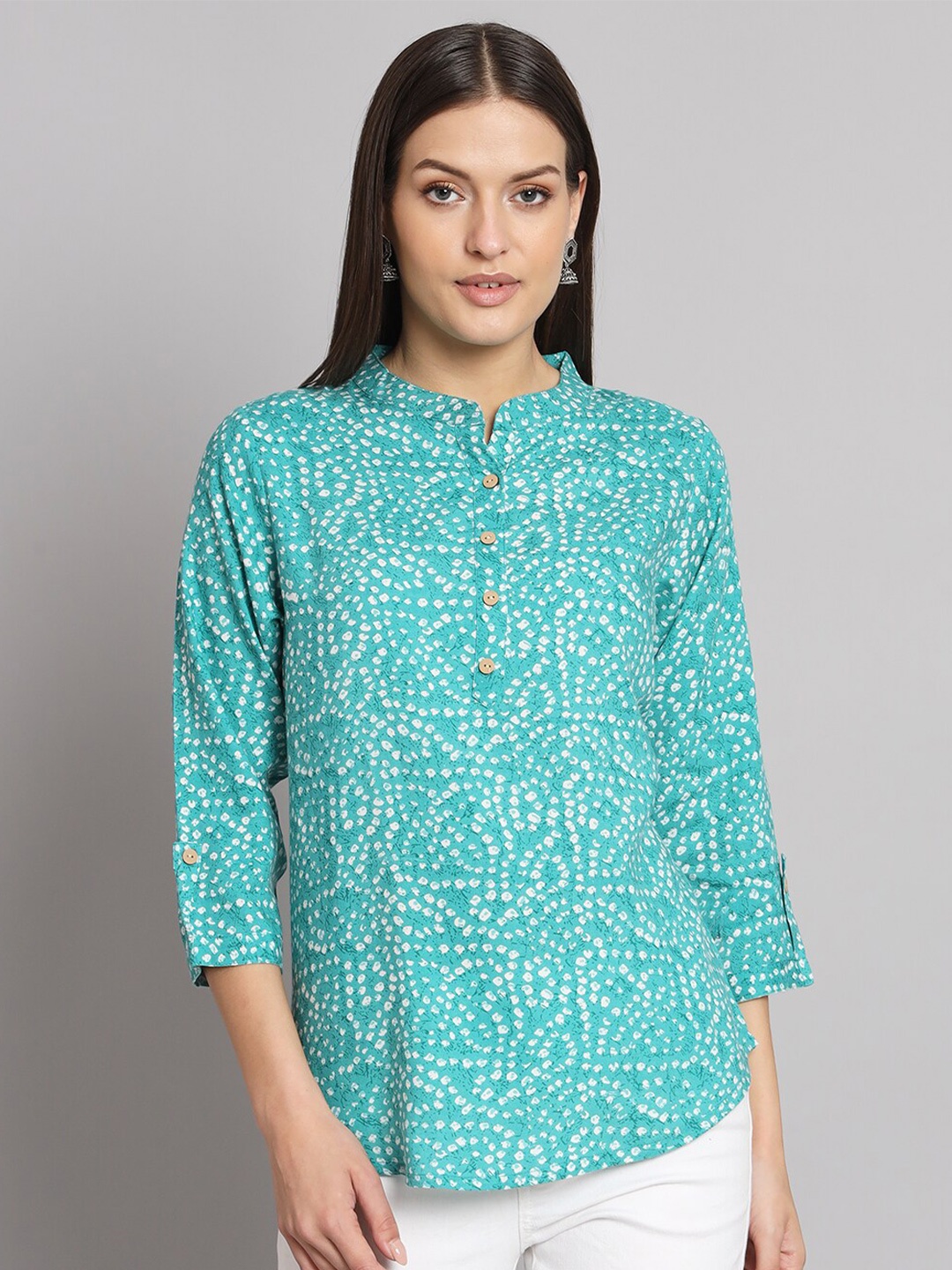 

Vastralay Printed Mandarin Collar Shirt Style Top, Sea green