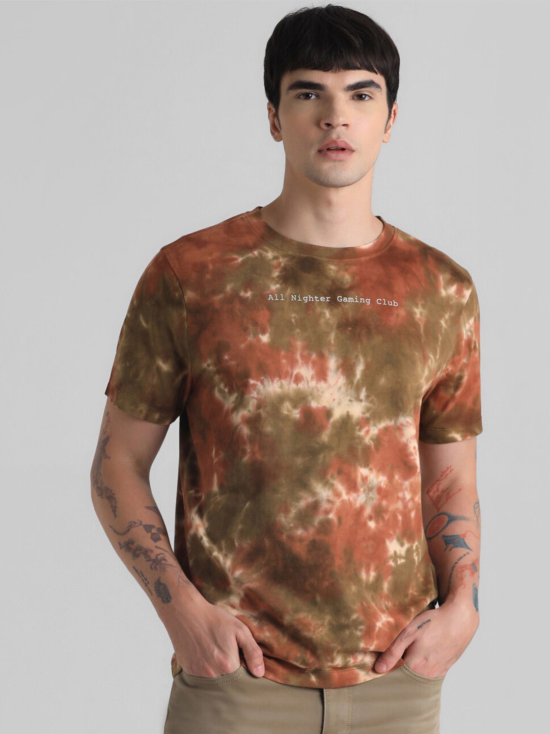 

Jack & Jones Abstract Dyed Pure Cotton T-shirt, Brown