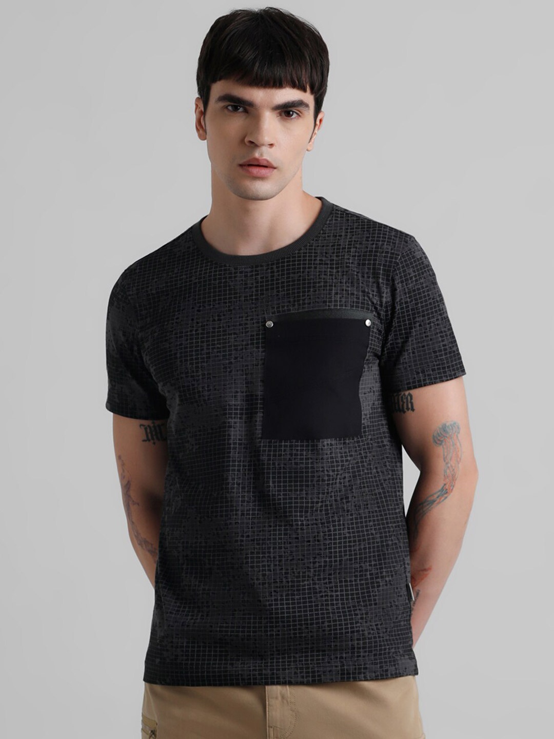 

Jack & Jones Checked Pure Cotton T-shirt, Black