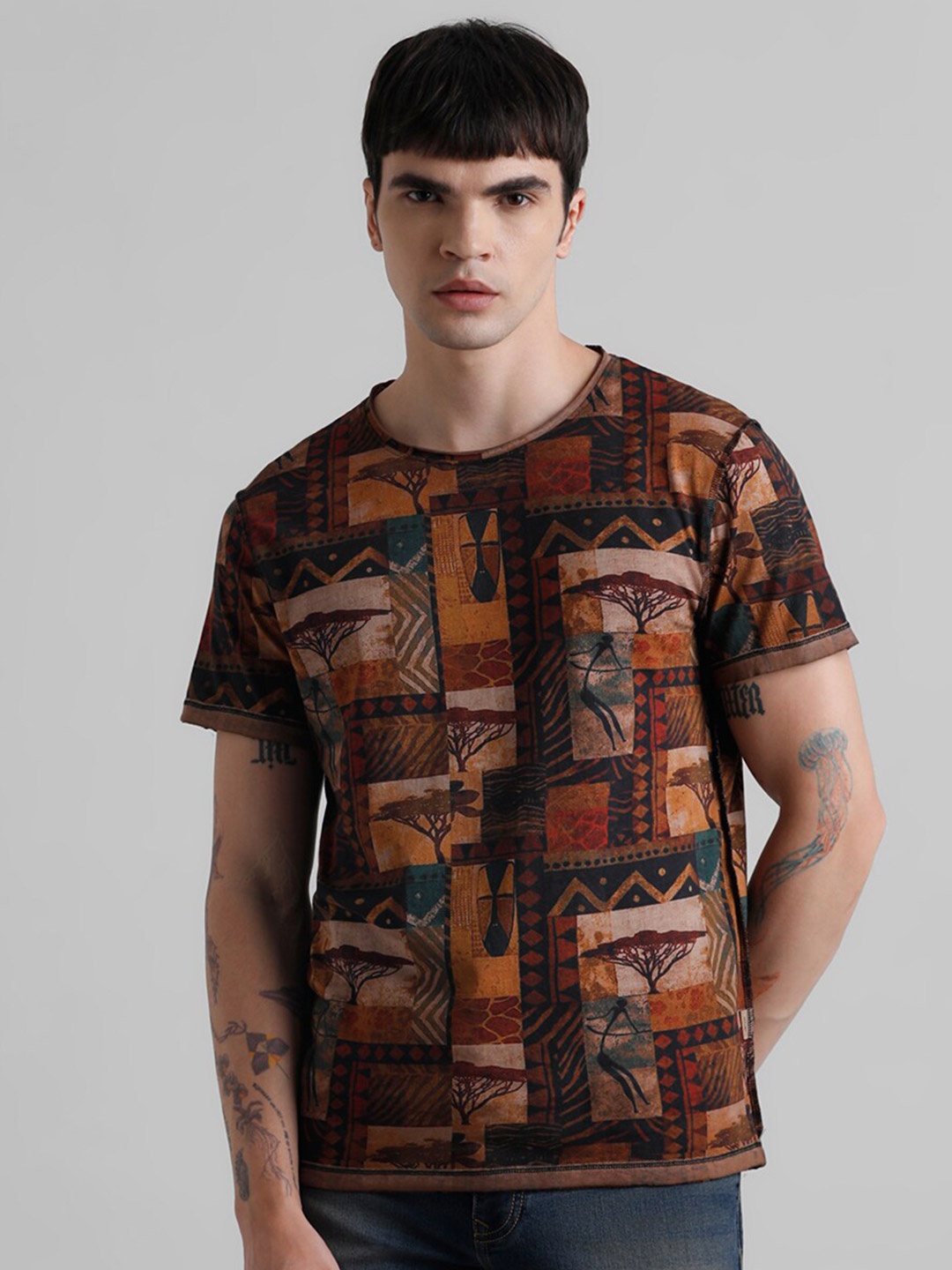 

Jack & Jones Abstract Printed Cotton T-shirt, Brown