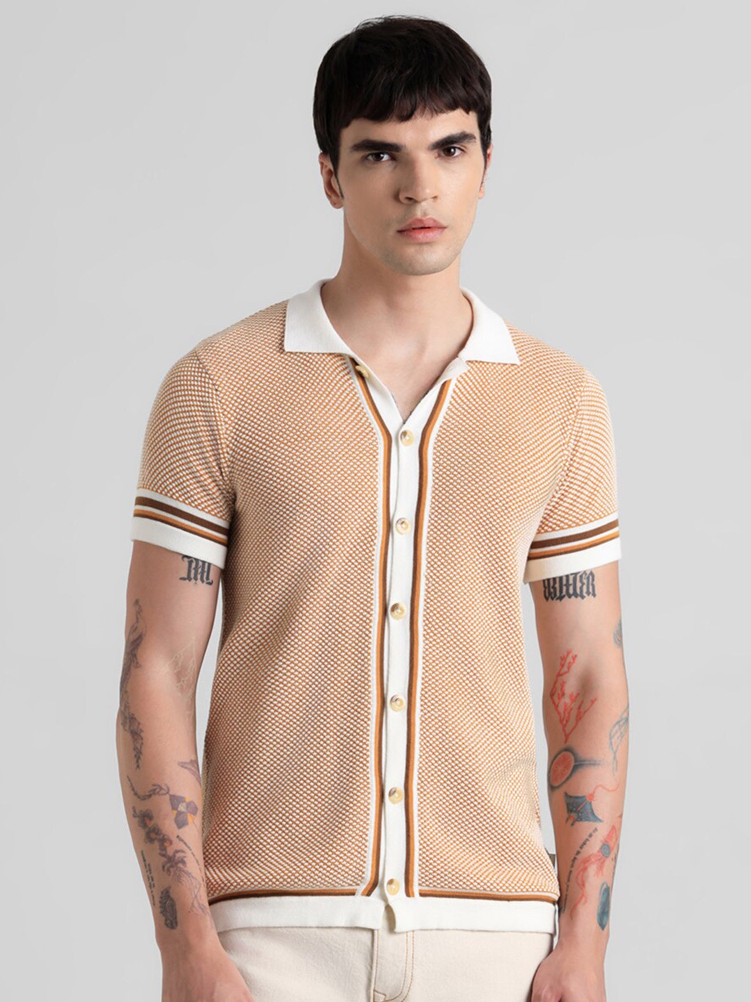 

Jack & Jones Self Design Spread Collar Pure Cotton Shirt, Orange