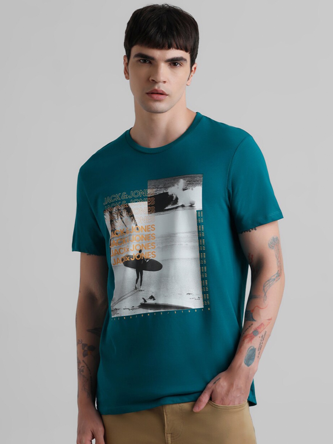 

Jack & Jones Graphic Printed Pure Cotton Slim Fit T-shirt, Green