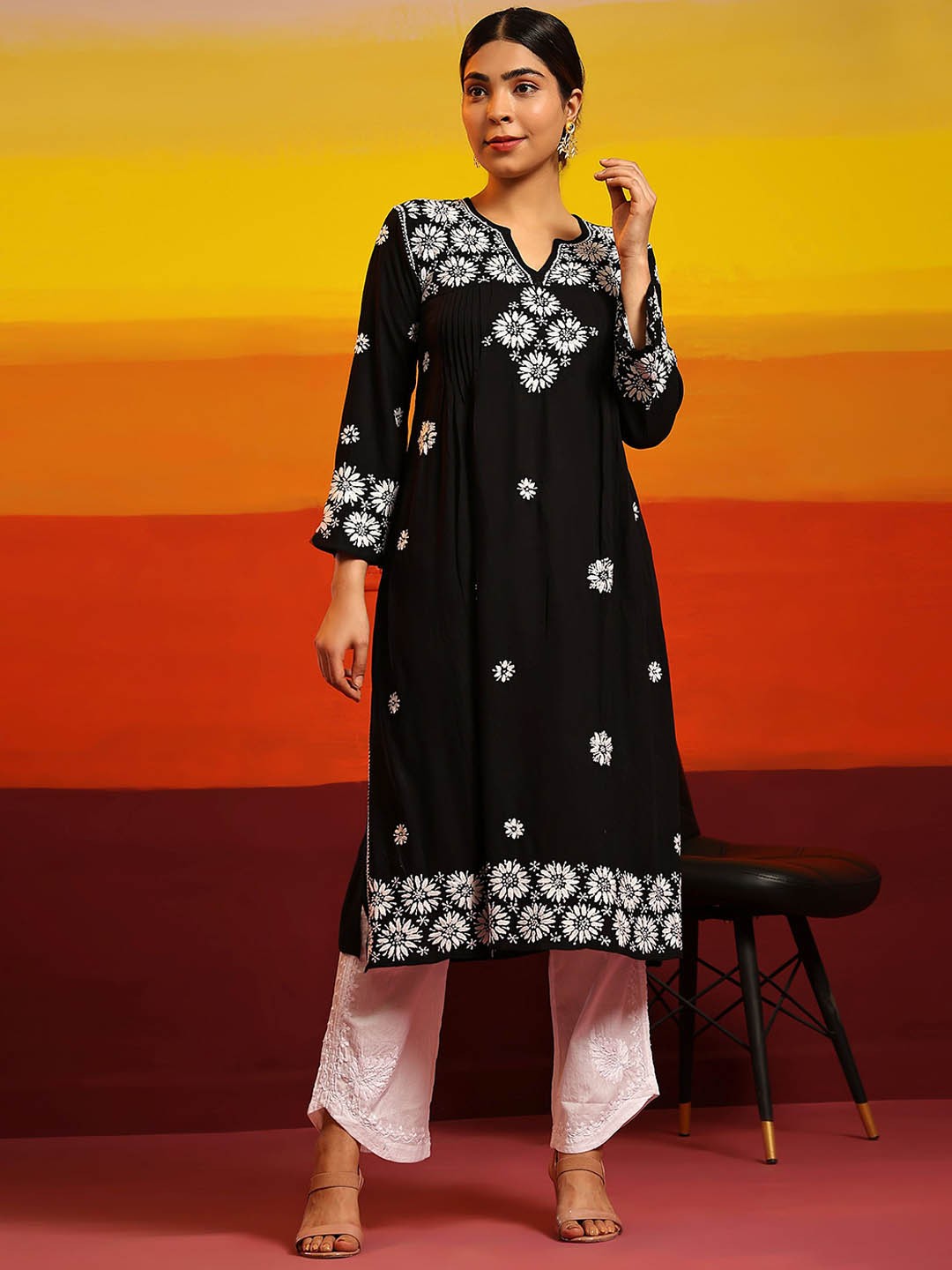 

HOUSE OF KARI Black Ethnic Motifs Printed Chikankari Cotton Kurta