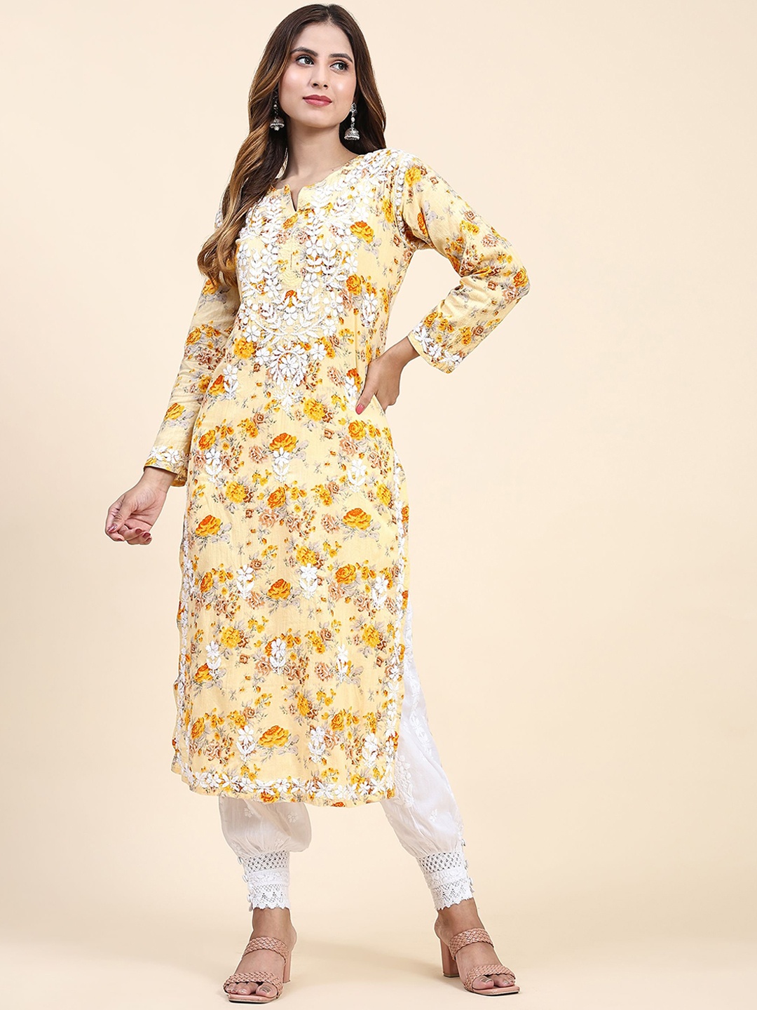 

HOUSE OF KARI Floral Printed Straight Kurta With Lace Inserted, Yellow