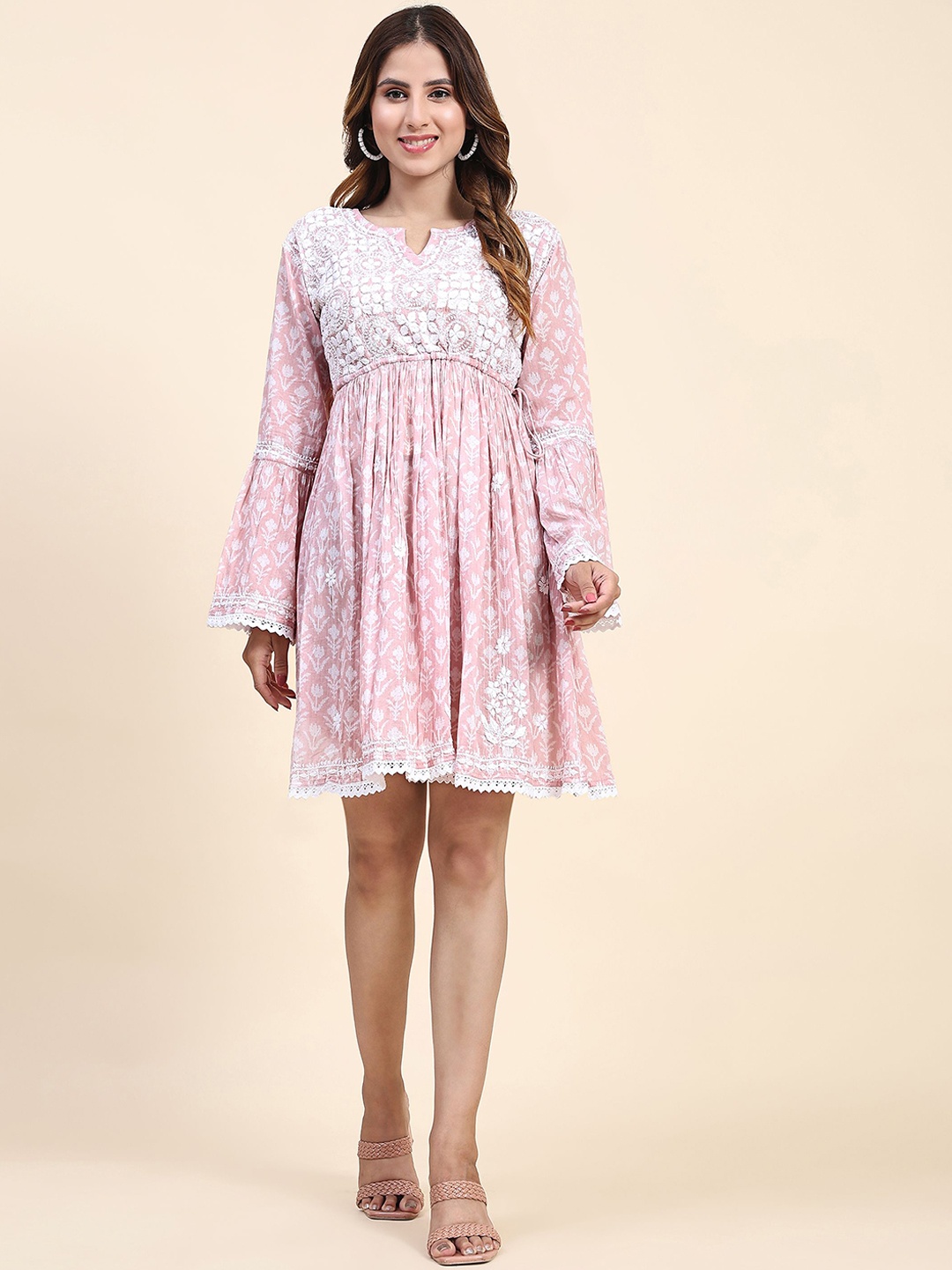

HOUSE OF KARI Ethnic Motifs Printed Embroidered Fit & Flare Cotton Ethnic Dress, Peach