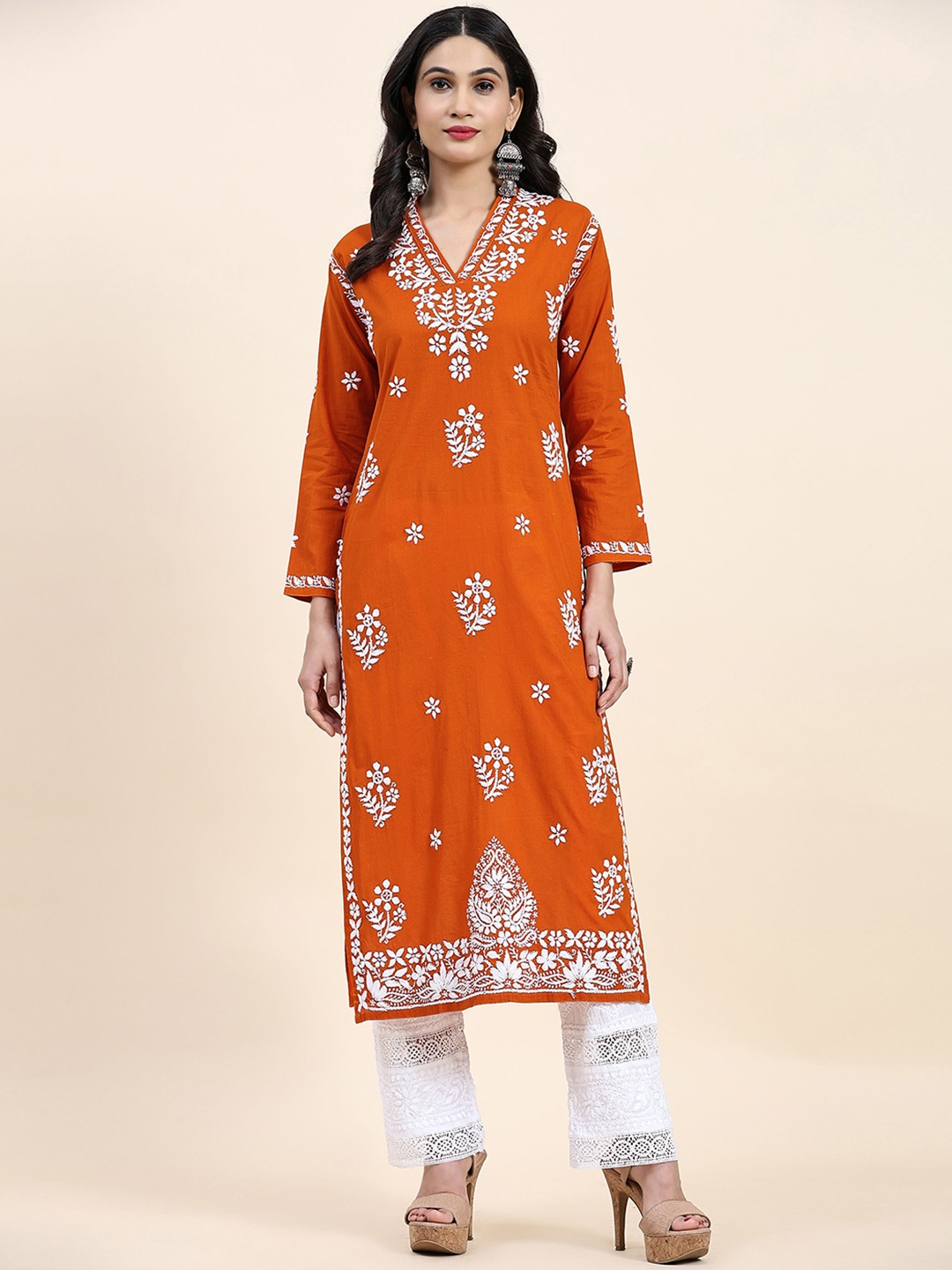 

HOUSE OF KARI Orange Ethnic Motifs Printed Chikankari Cotton Kurta