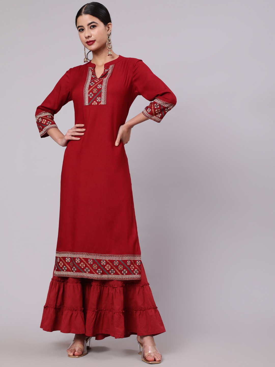 

AKS Ethnic Motif Printed Yoke Design Mandarin Collar Straight Kurta, Maroon