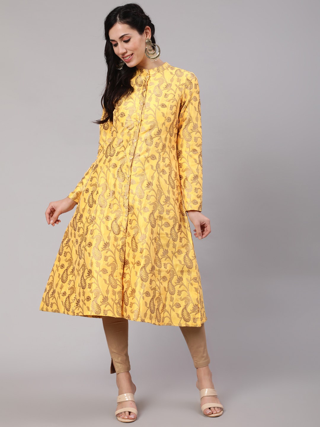 

AKS Ethnic Motif Woven Design Jacquard A-Line Kurta, Yellow
