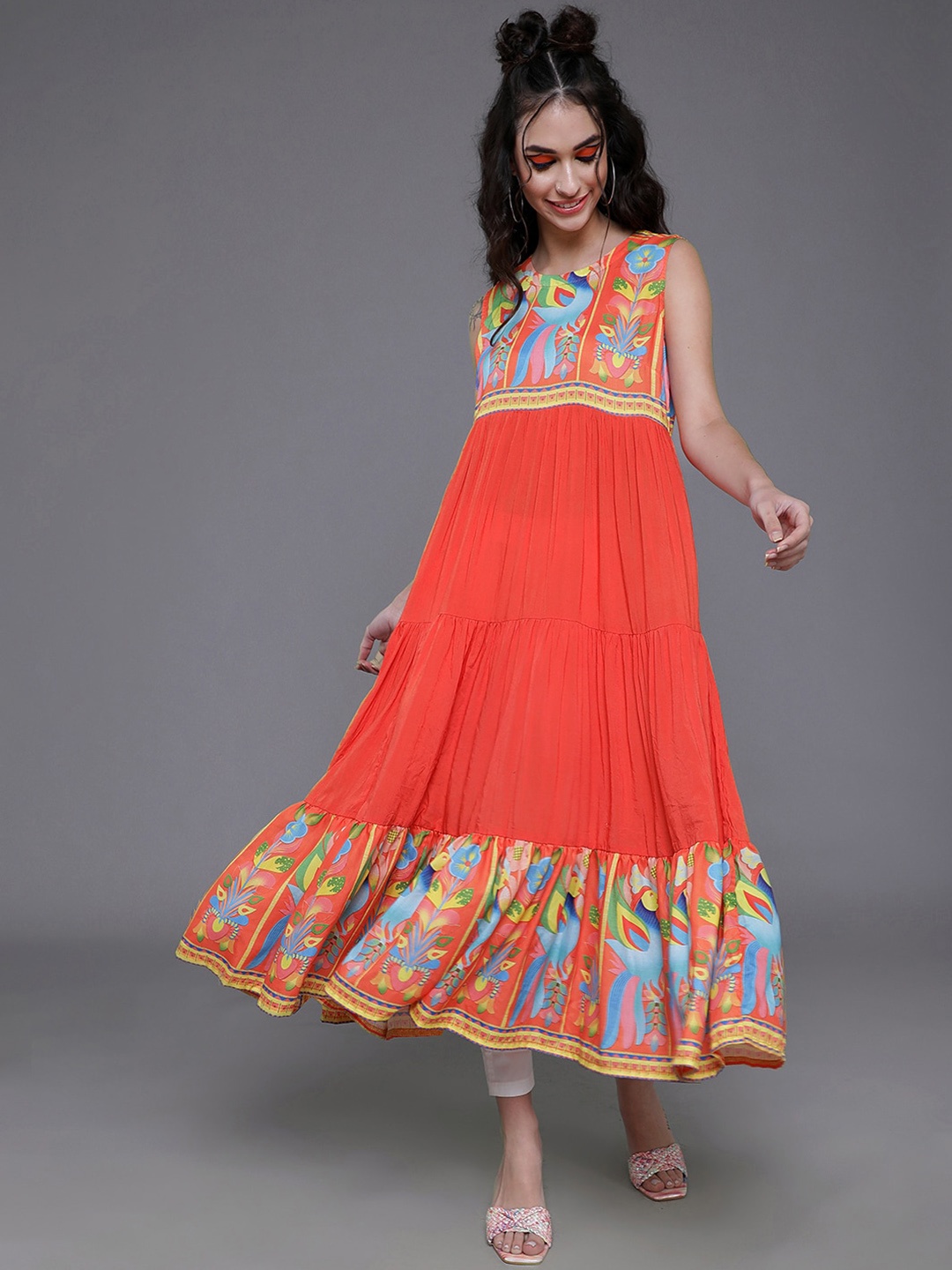 

AKS Ethnic Motifs Printed Anarkali Tiered Kurta, Orange
