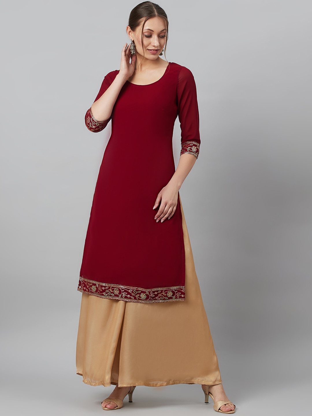 

AKS Sequinned Straight Kurta, Maroon