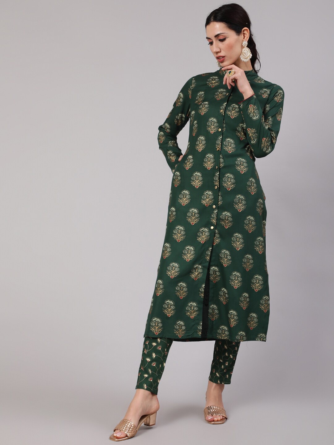 

AKS Ethnic Motifs Printed Mandarin Collar Straight Kurta, Green
