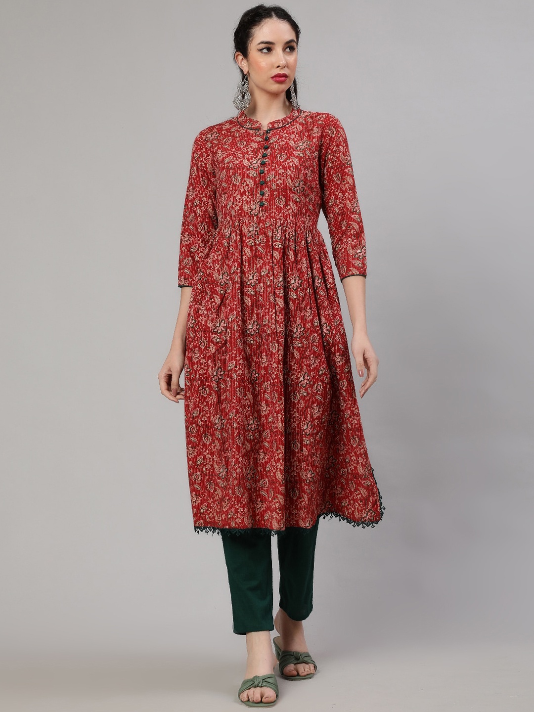 

AKS Ethnic Motifs Printed Cotton A-Line Kurta, Red