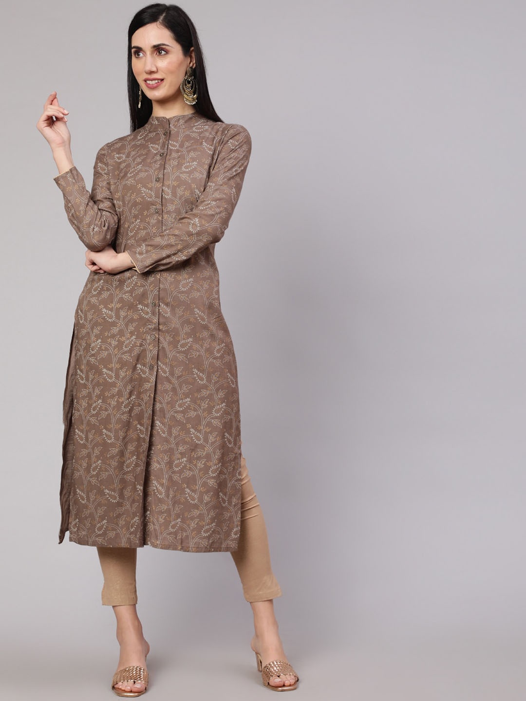 

AKS Ethnic Motifs Printed Mandarin Collar Kurta, Brown