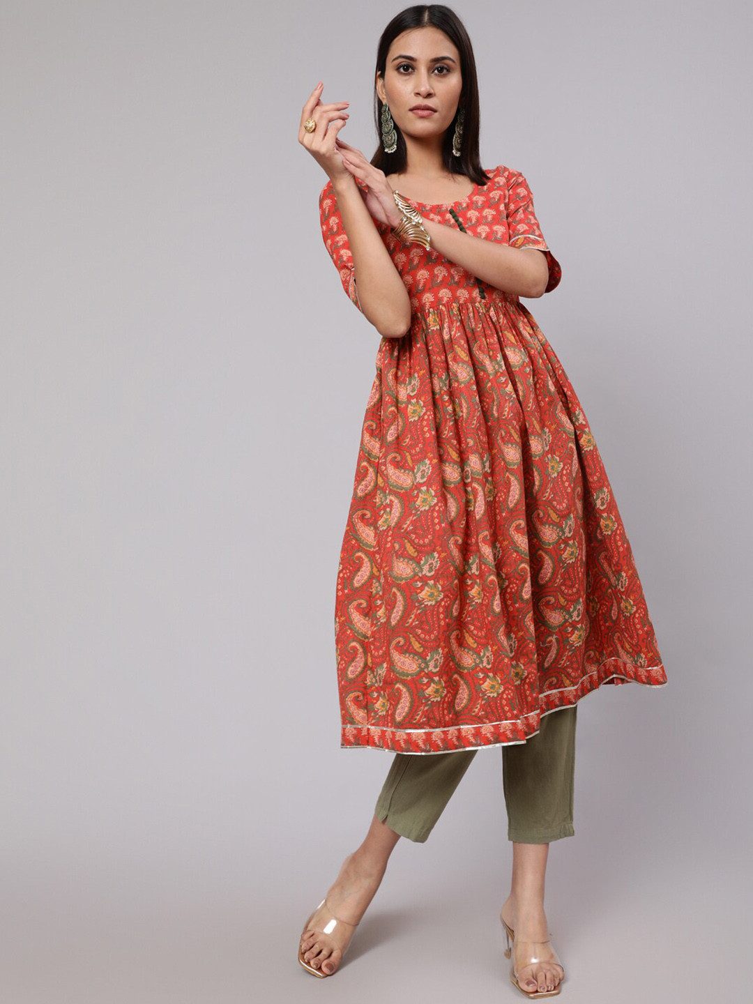 

AKS Ethnic Motifs Printed Cotton A-Line Kurta, Red