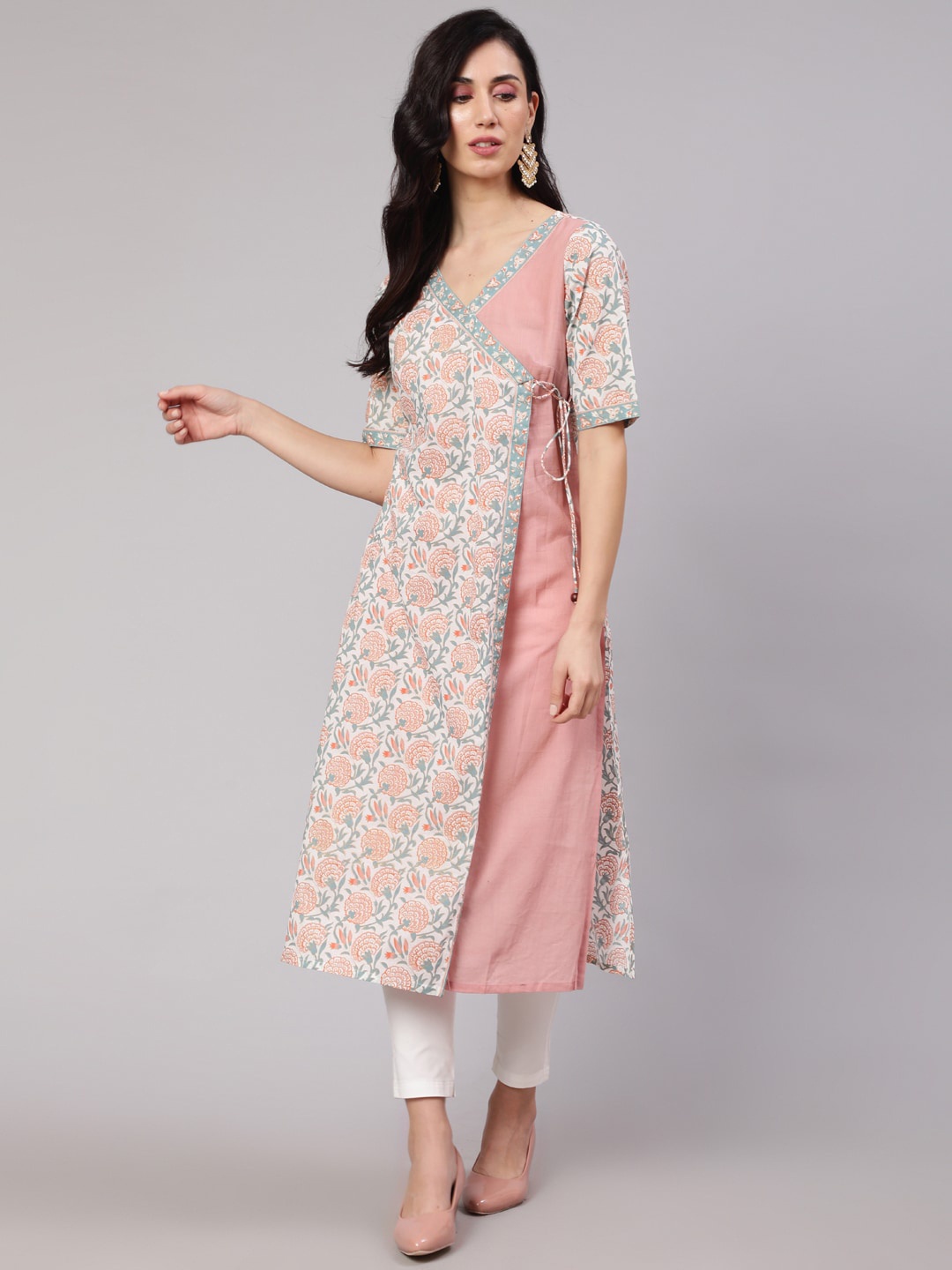 

AKS Ethnic Motifs Printed A-line Layered Kurta, Pink