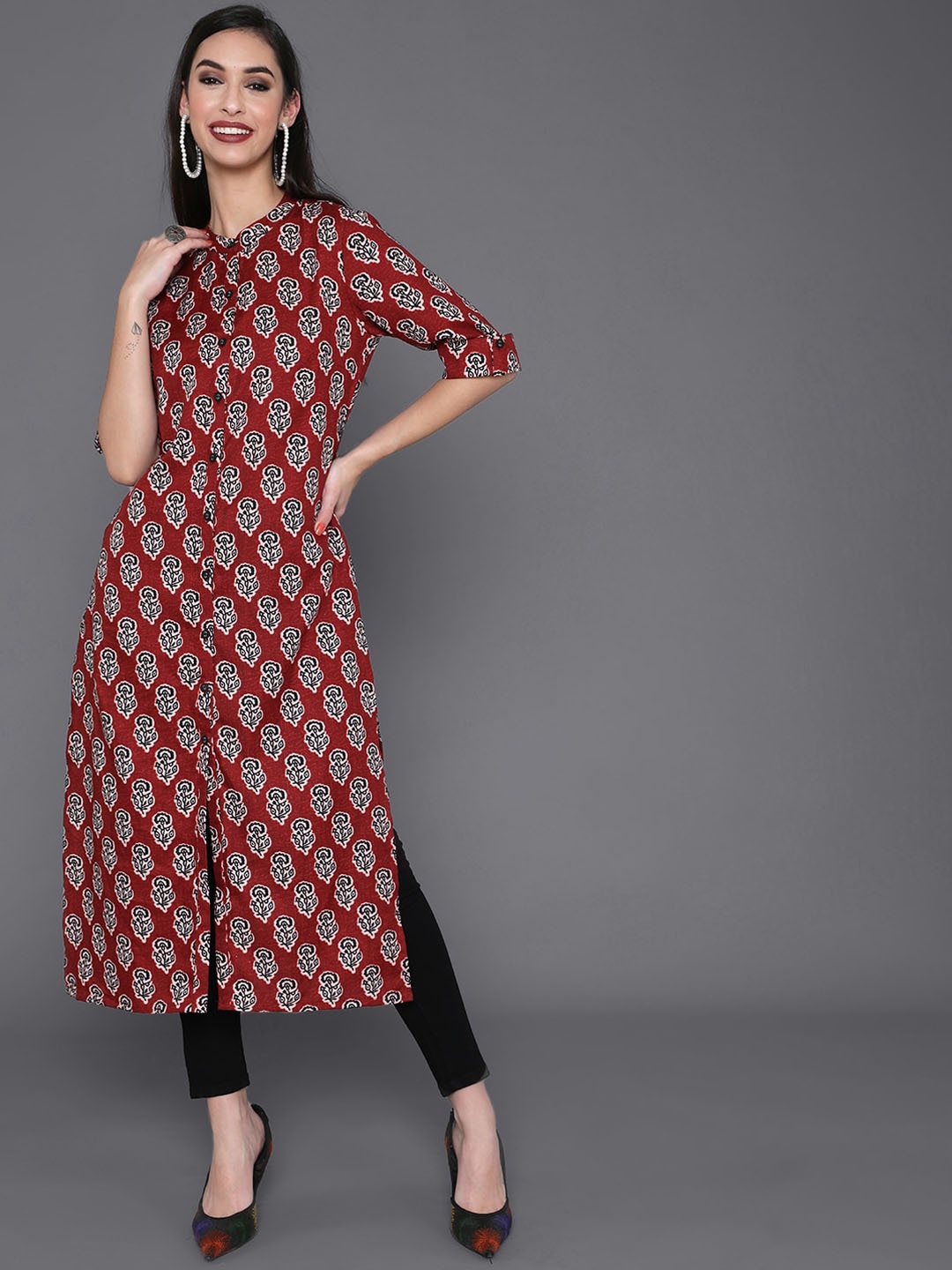 AKS Floral Printed Cotton Straight Kurta, Maroon