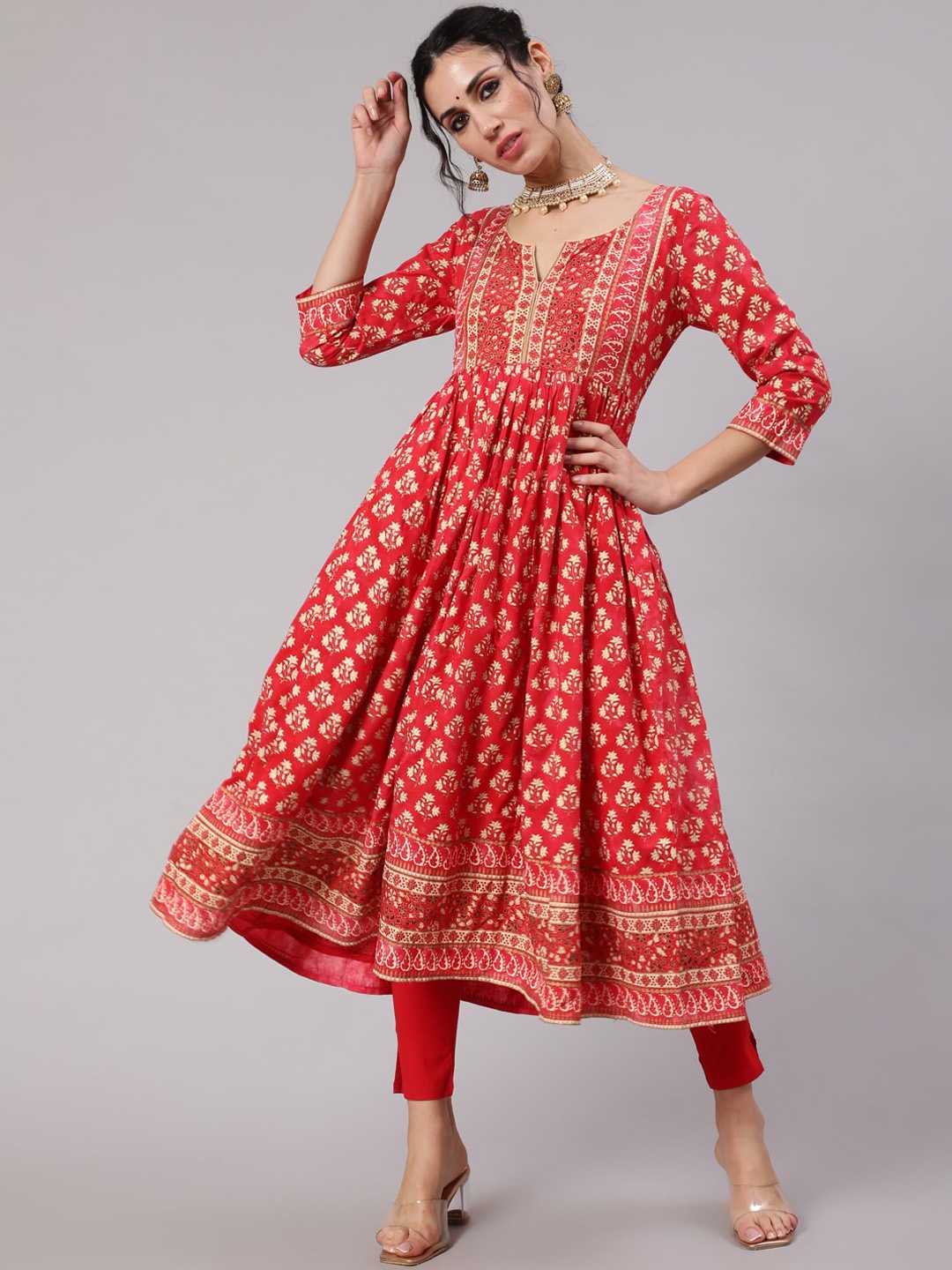 

AKS Ethnic Motifs Printed Cotton Anarkali Kurta, Red