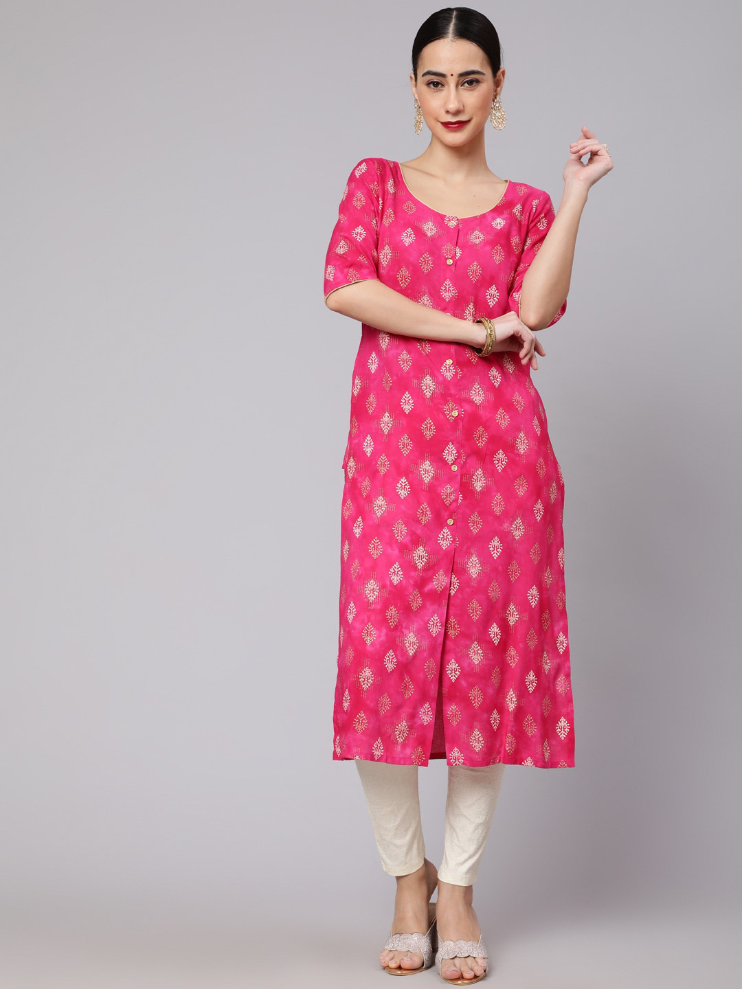 

AKS Ethnic Motif Printed Cotton Straight Kurta, Pink