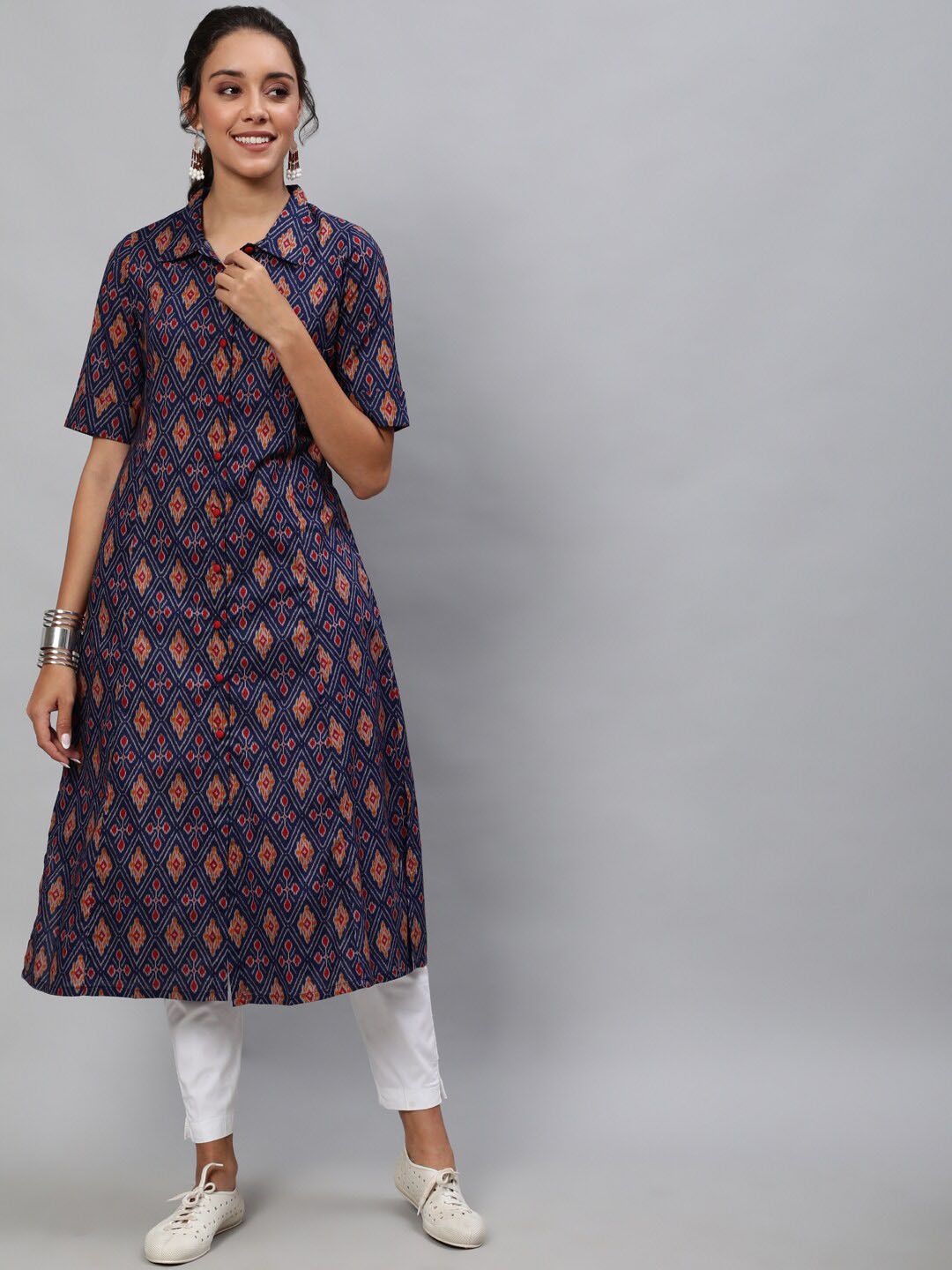 

AKS Ethnic Motifs Printed Shirt Collar A-line Kurta, Blue