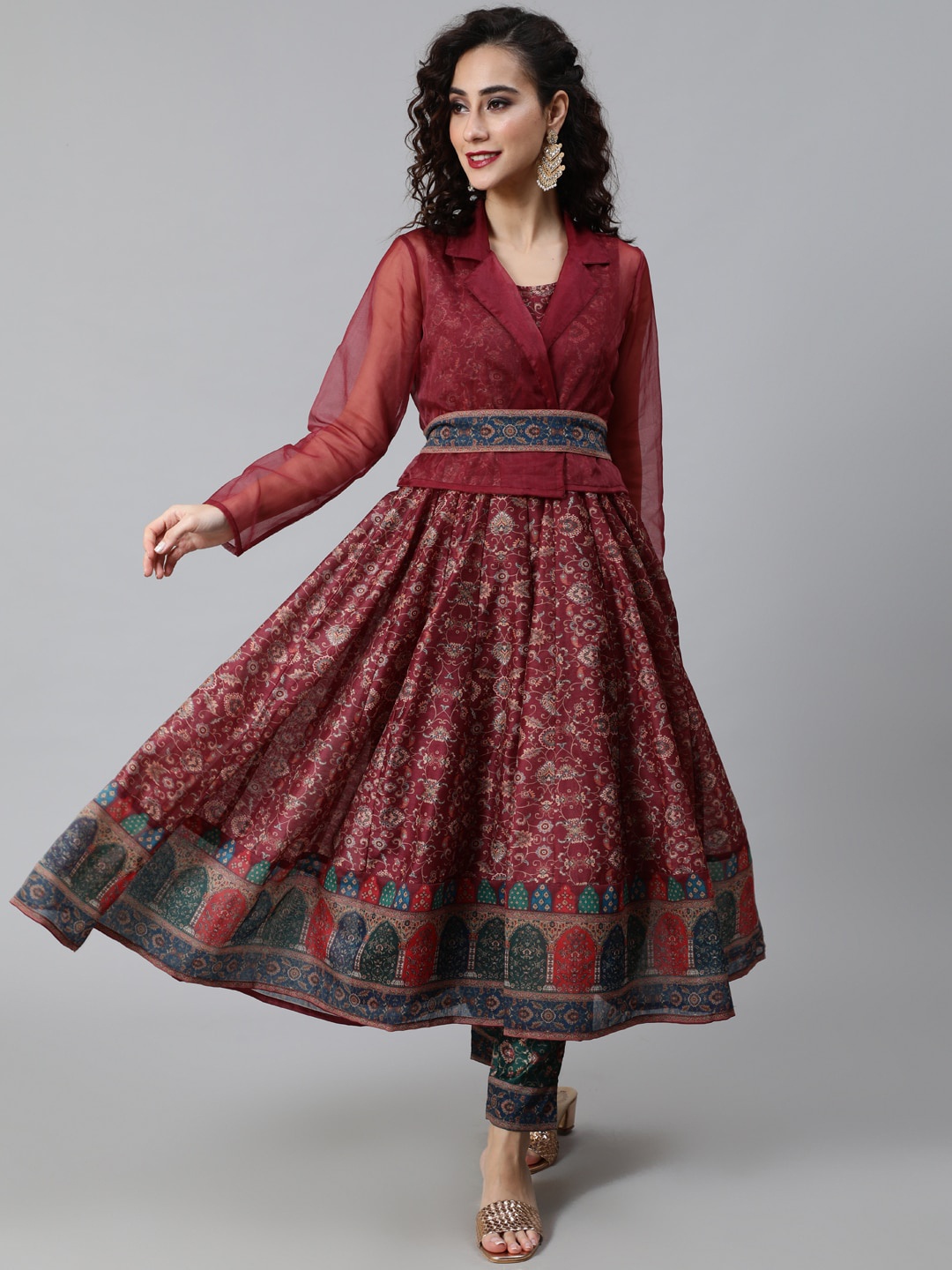 

AKS Paisley Woven Design Chanderi Silk Anarkali Kurta With Jacket, Burgundy