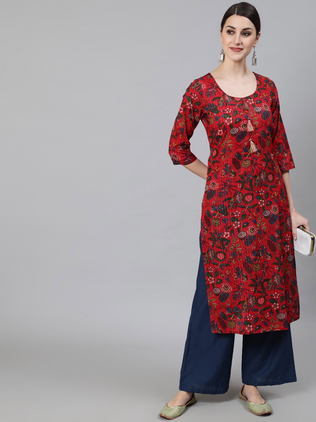 

AKS Floral Printed Cotton Straight Kurta, Red