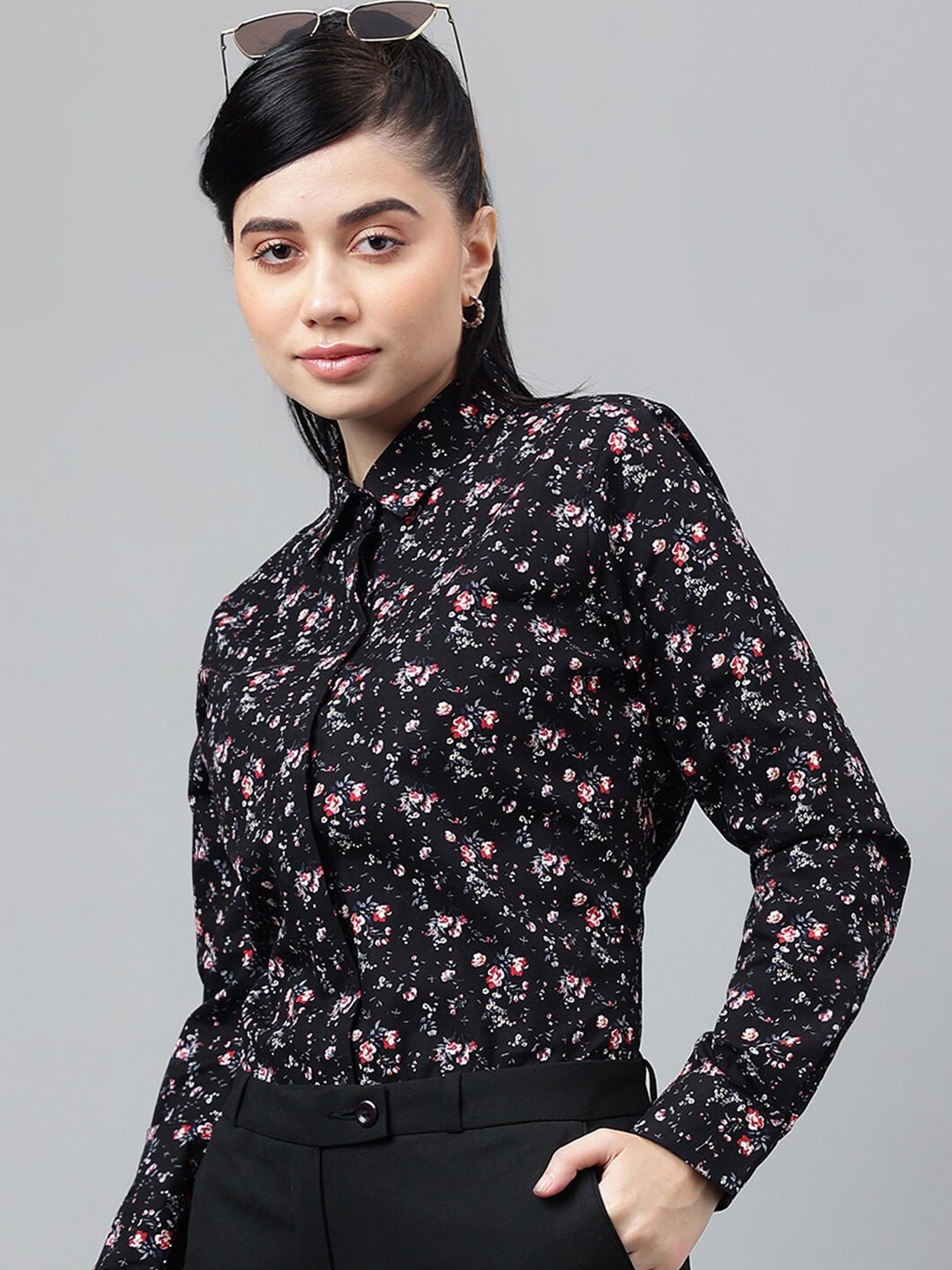 Hancock Smart Floral Printed Opaque Cotton Formal Shirt, Black