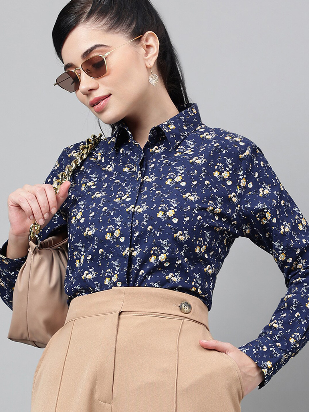 

Hancock Floral Printed Cotton Satin Lafer Finish Formal Shirt, Navy blue