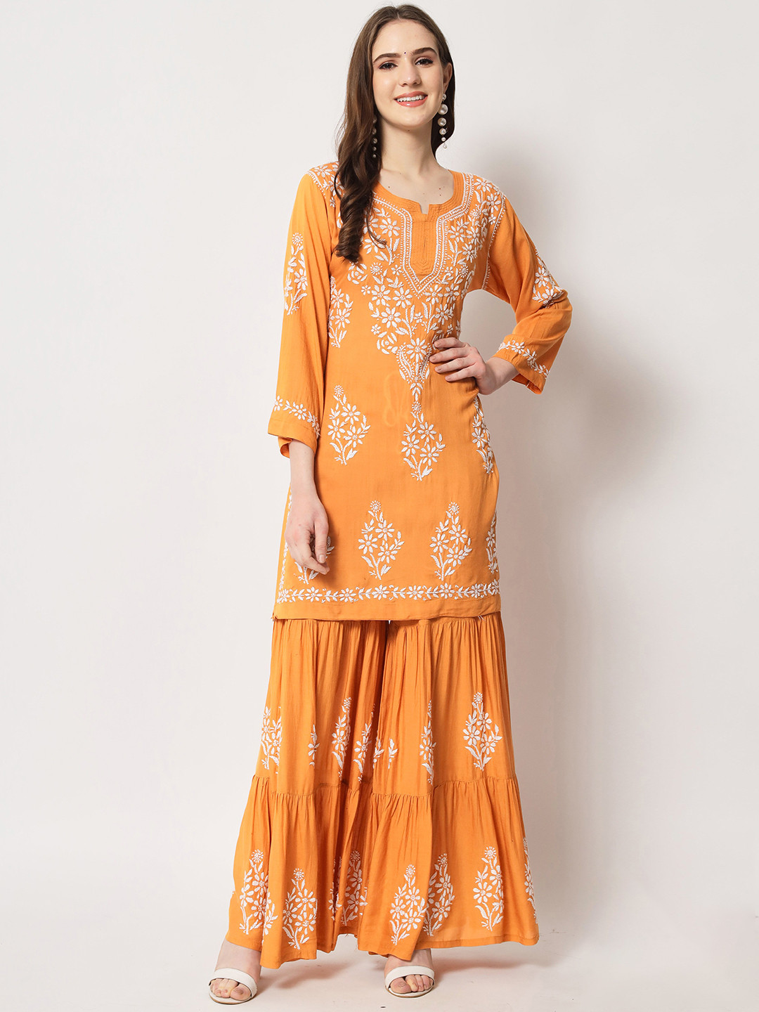 

Ethnava Floral Embroidered Round Neck Regular Thread Work Kurta With Sharara, Mustard