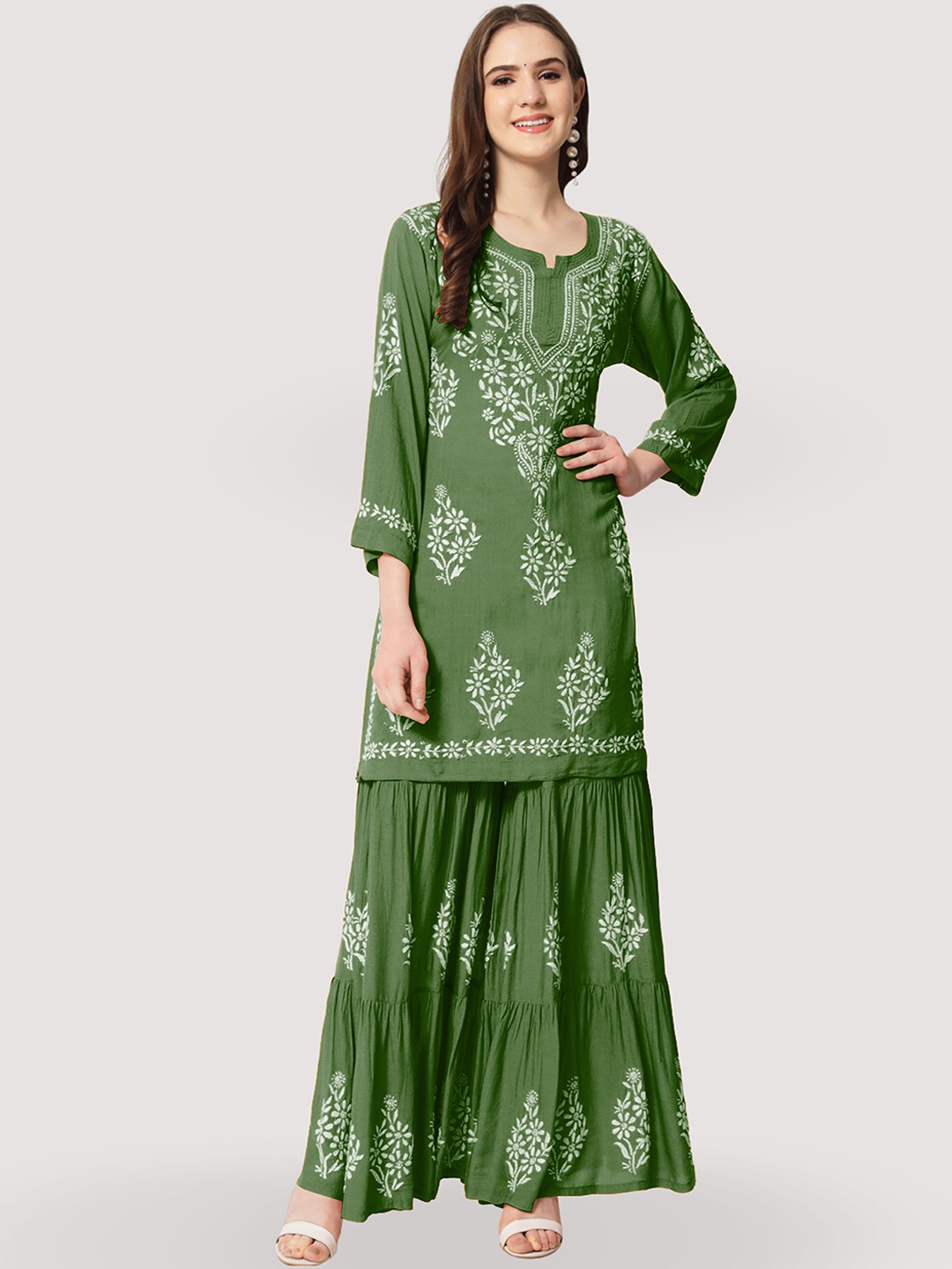 

Ethnava Floral Embroidered Round Neck Regular Thread Work Kurta With Sharara, Green