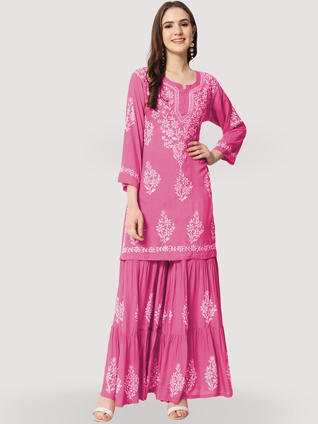 

Ethnava Floral Embroidered Round Neck Regular Thread Work Kurta With Sharara, Pink