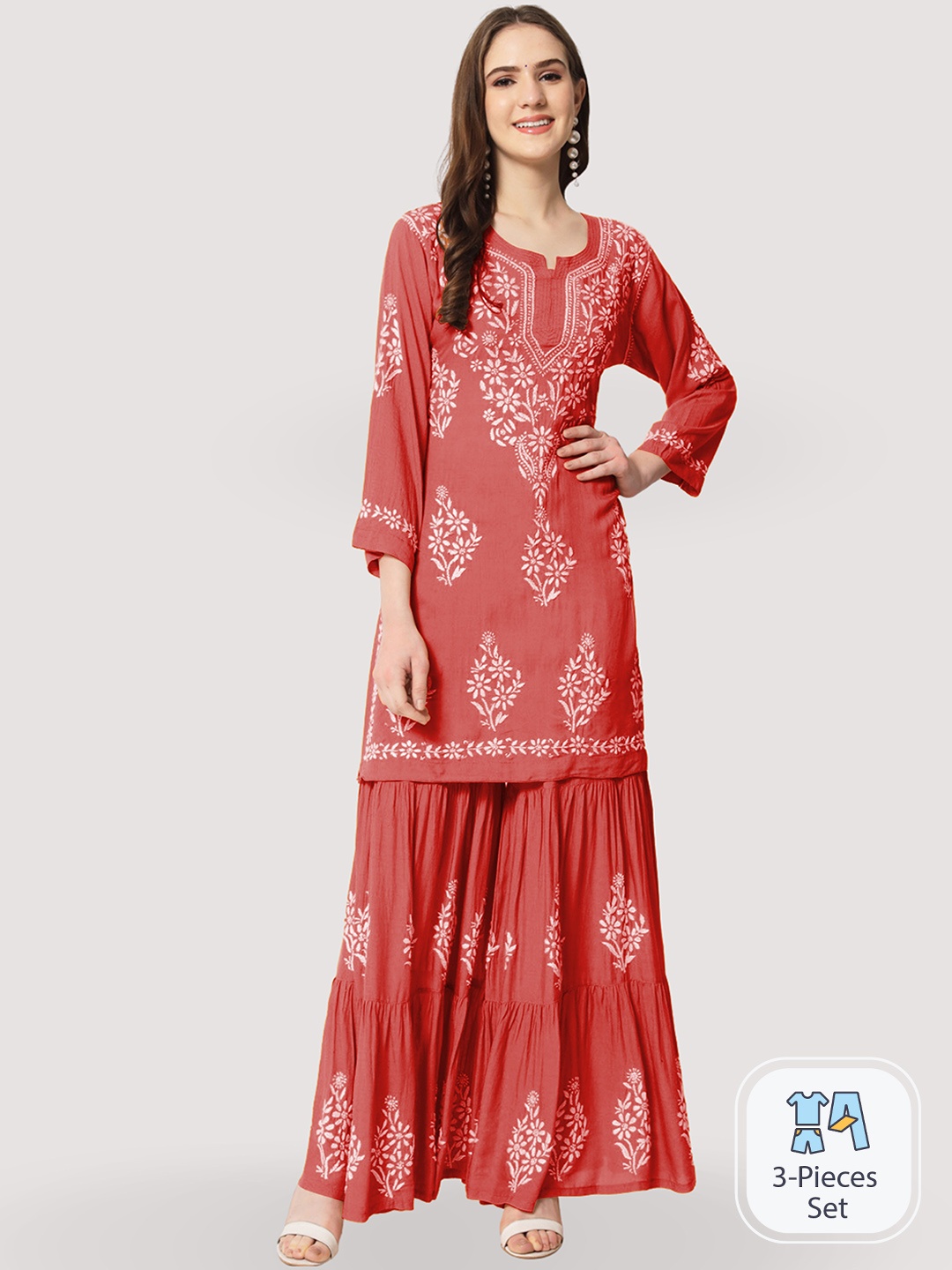 

Ethnava Floral Embroidered Round Neck Regular Thread Work Kurta With Sharara, Rust